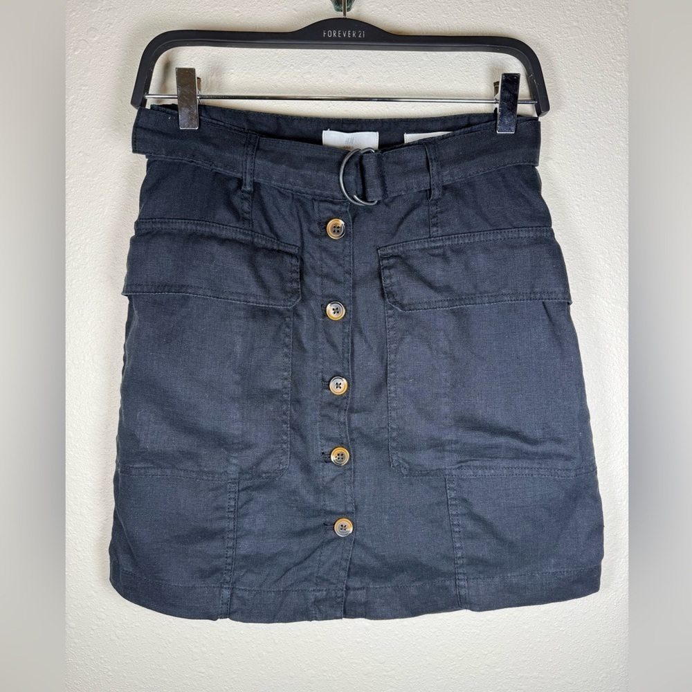 H&M Black Linen Button Front Cargo Mini Skirt Belted Womens 6